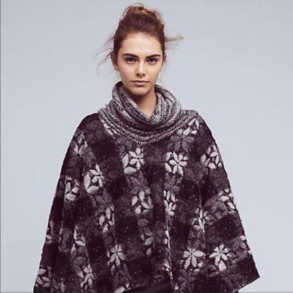 Anthropologie Poncho Wintertide Wool Blend Reversible Pullover One Size Floral - Picture 8 of 9